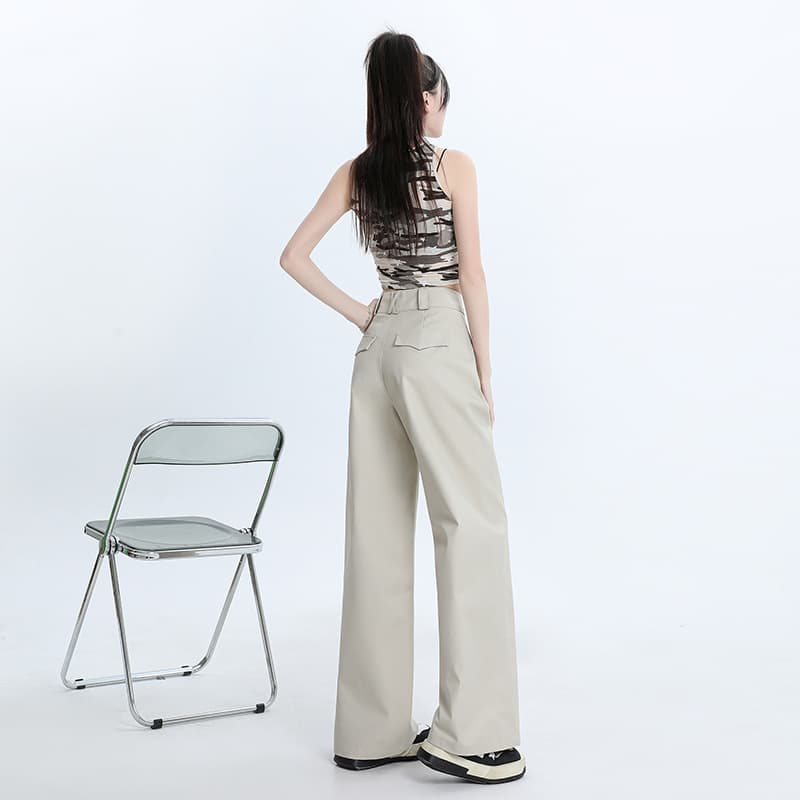 ベージュパンツ レディース ワイドシルエットハイウエストパンツ