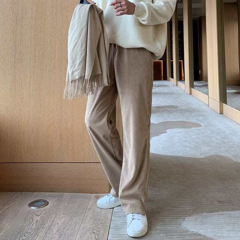 ベージュパンツ メンズ ストレート紐付きリラックスパンツ