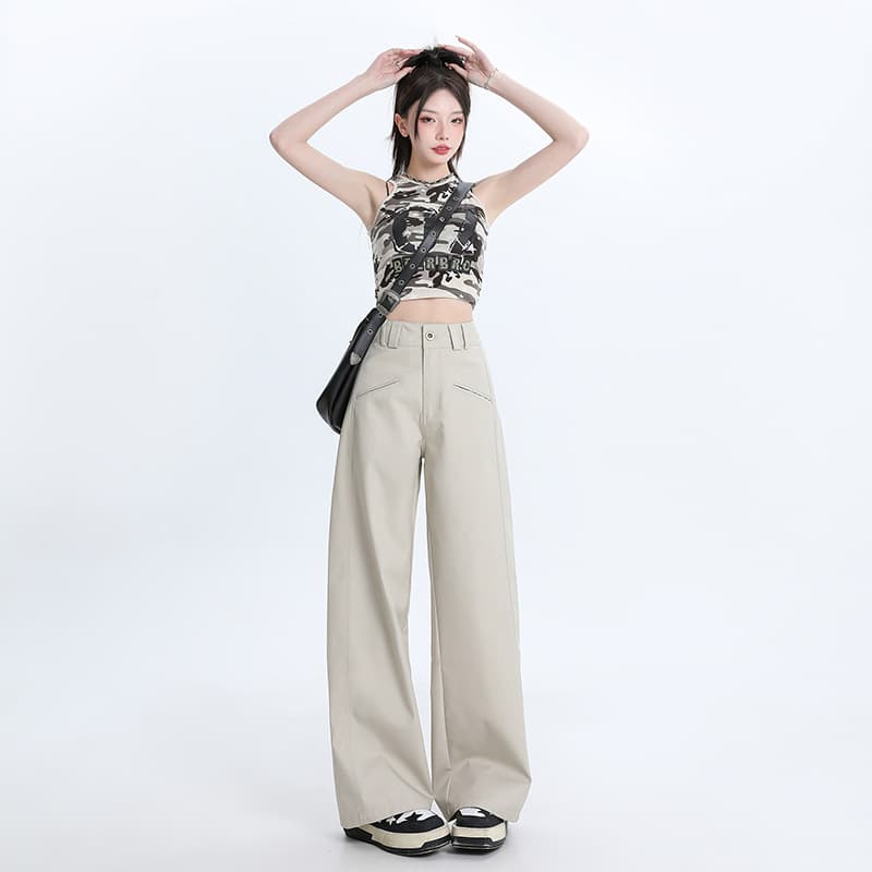 ベージュパンツ レディース ワイドシルエットハイウエストパンツ