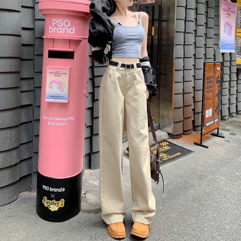 ベージュパンツ ハイウエストストレートパンツ