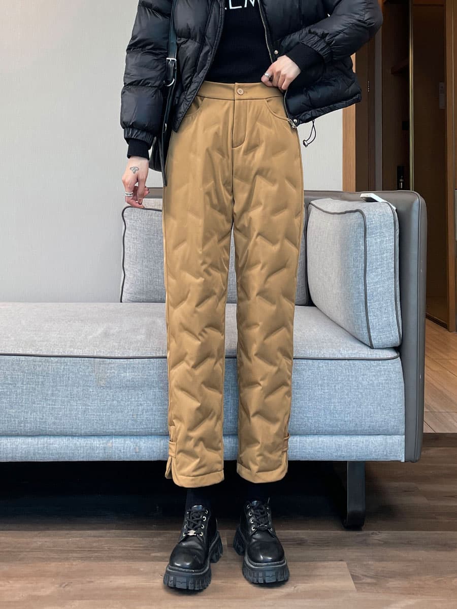 ベージュパンツ レディース キルティング中綿入り暖かパンツ
