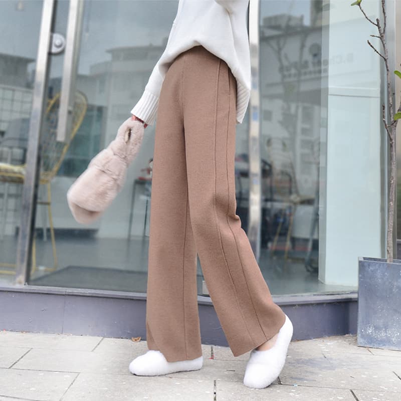 ベージュパンツ レディース ゆったりワイドウール混パンツ