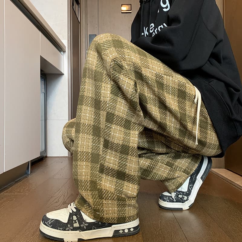 ベージュパンツ メンズ チェック柄ゆったりフィットパンツ