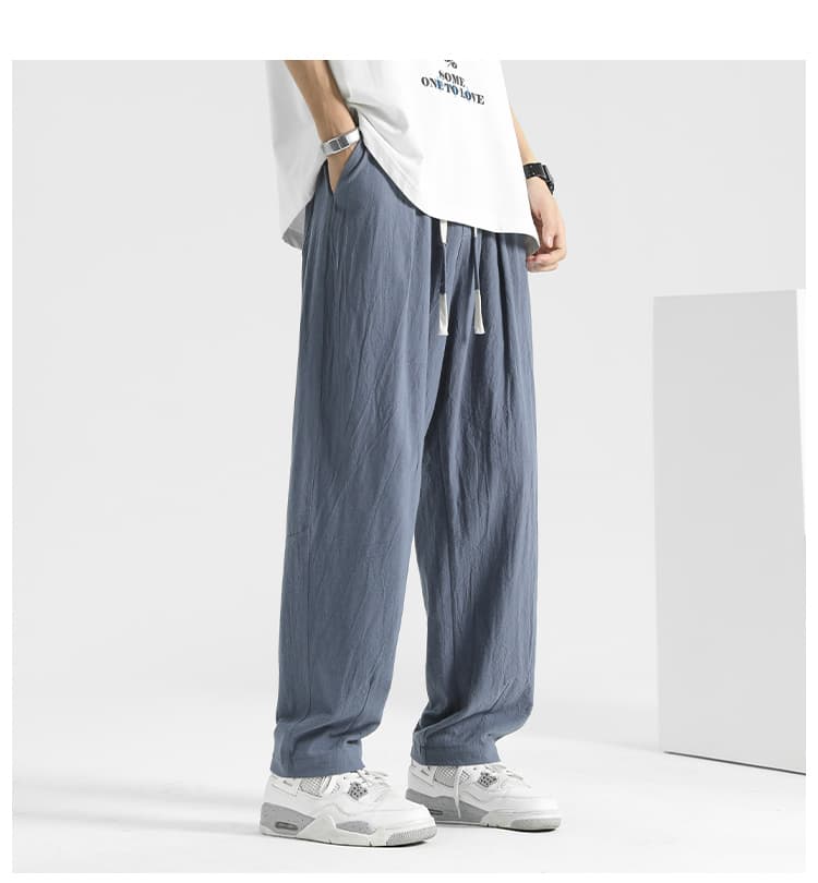 ベージュパンツ ゆったりリネン混ワイドパンツ