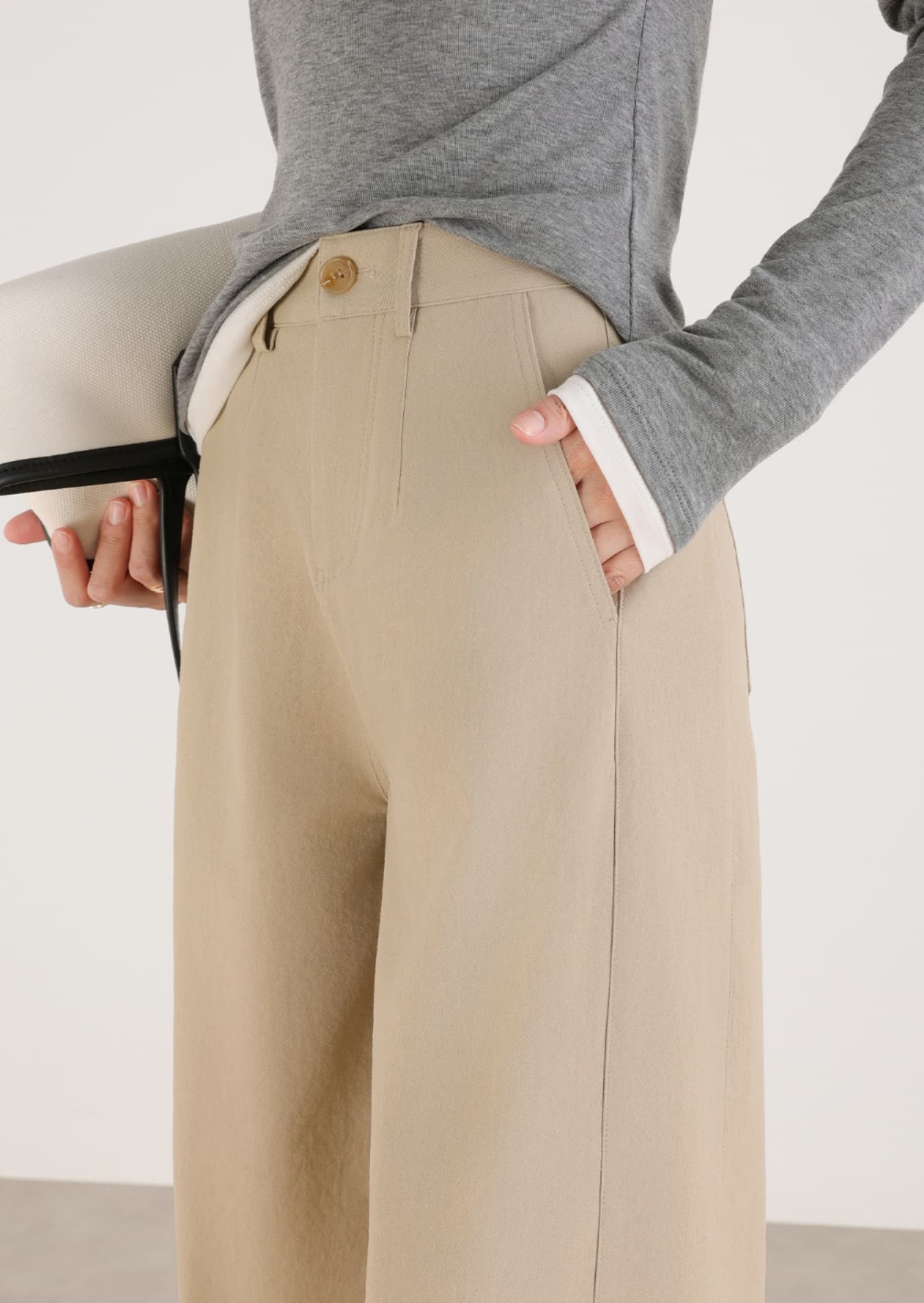 ベージュパンツ レディース 隠し側ポケット付き ワイドパンツ
