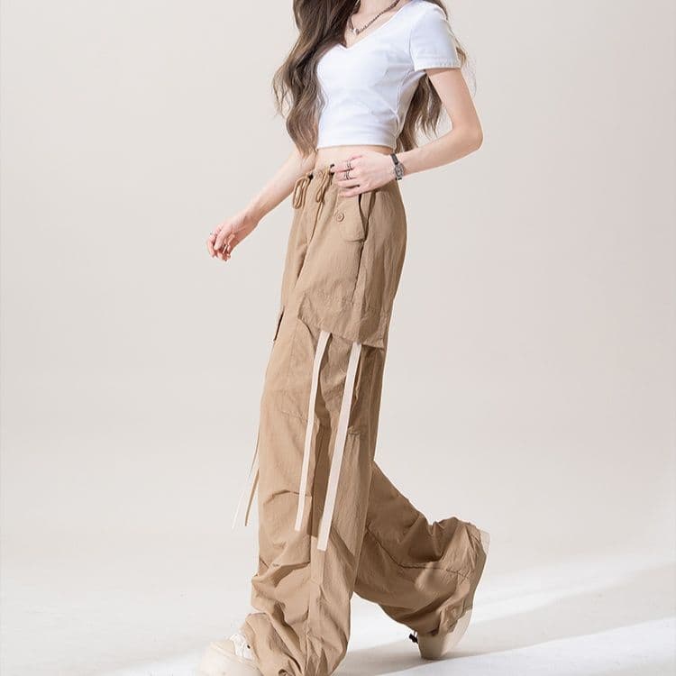 ベージュパンツ 多機能ポケット付きワイドシルエット立体カーゴパンツ