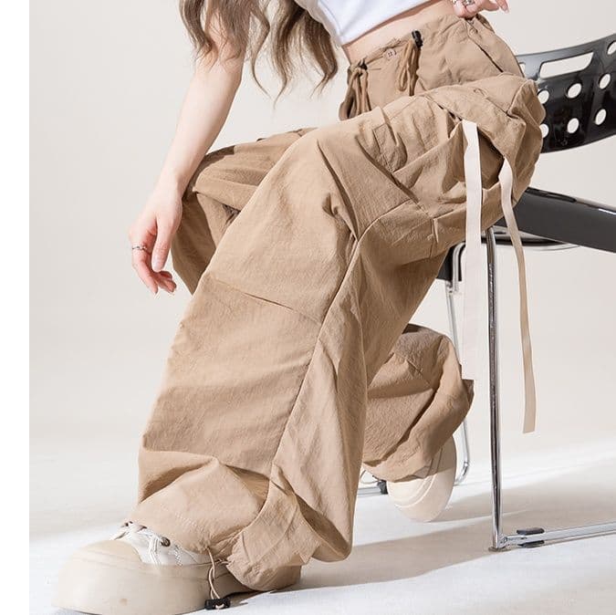 ベージュパンツ 多機能ポケット付きワイドシルエット立体カーゴパンツ