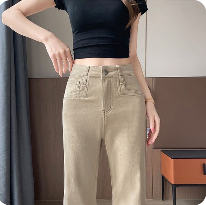 ベージュパンツ ハイウエストフレア美脚長パンツ