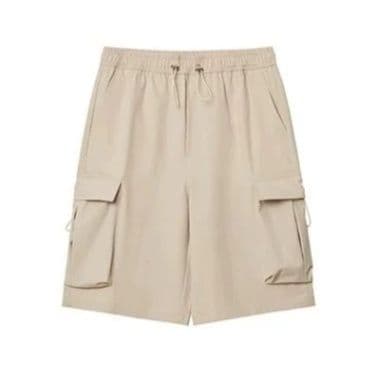 ベージュパンツ 多機能ポケット付きハーフ丈カーゴ短パン