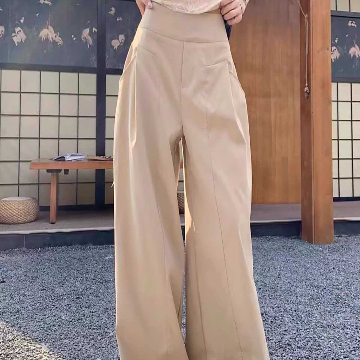 ベージュパンツ ハイウエストフレアワイドパンツ