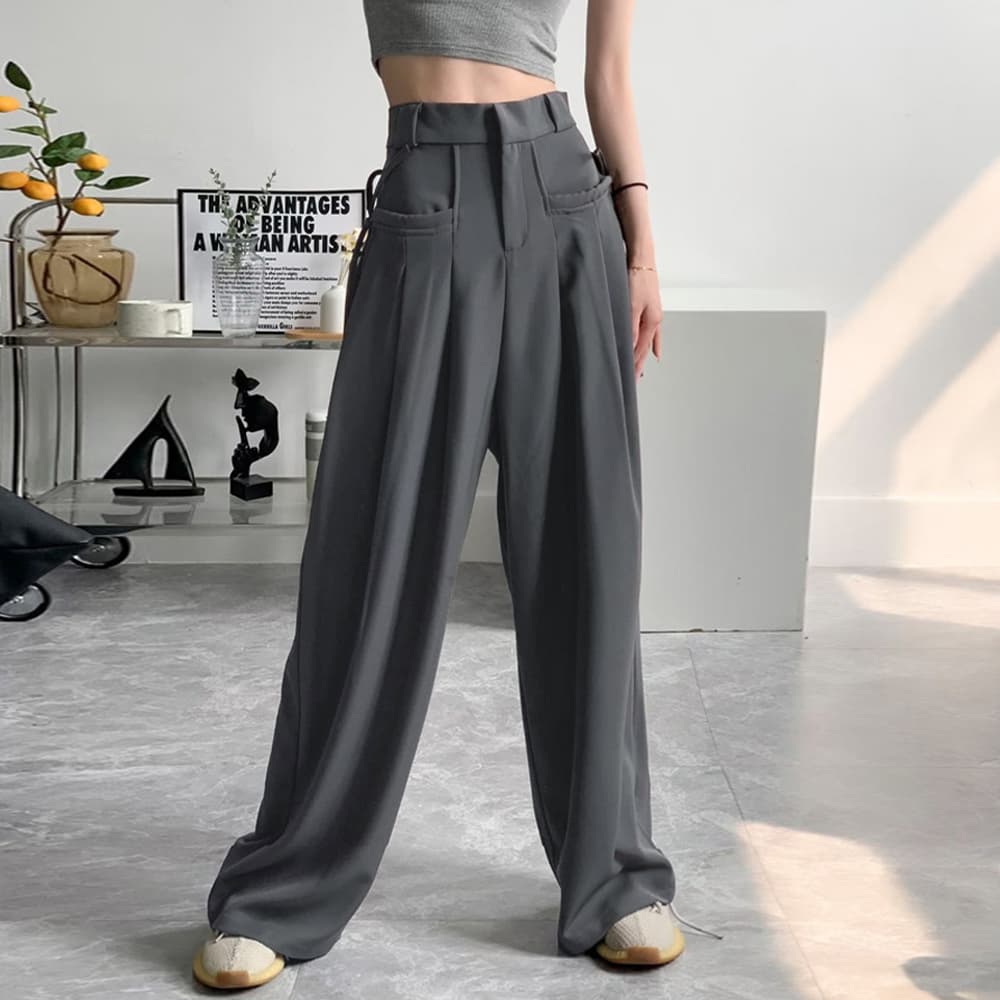 ベージュパンツ ハイウエストワイドパンツ ベージュ 体型カバー