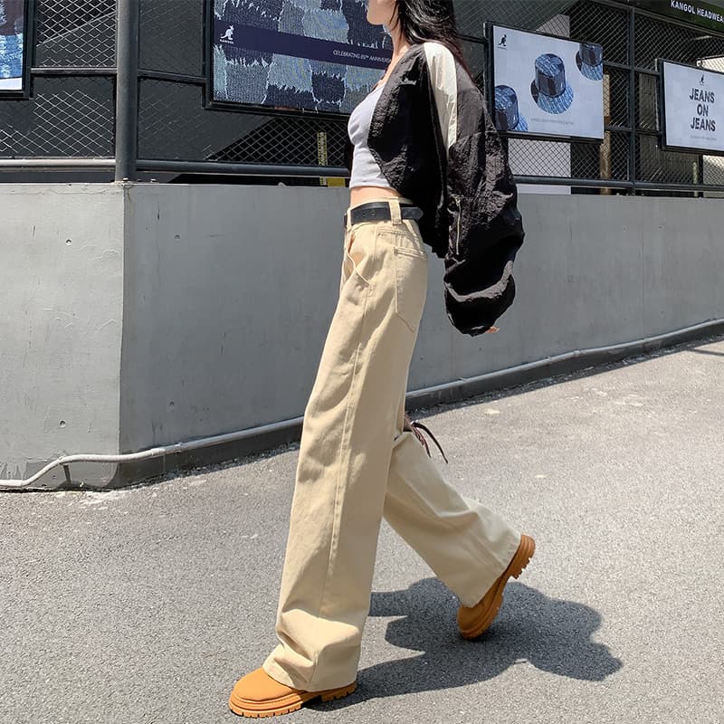 ベージュパンツ ハイウエストストレートパンツ