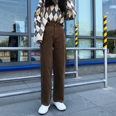 ベージュパンツ 韓国風コーデュロイワイドパンツ秋冬ゆったりベージュ