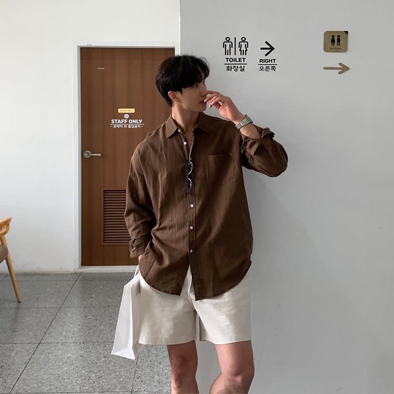 ベージュパンツ リラックス 麻混ハーフパンツ