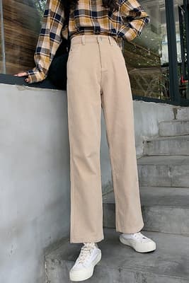 ベージュパンツ 韓国風コーデュロイワイドパンツ秋冬ゆったりベージュ
