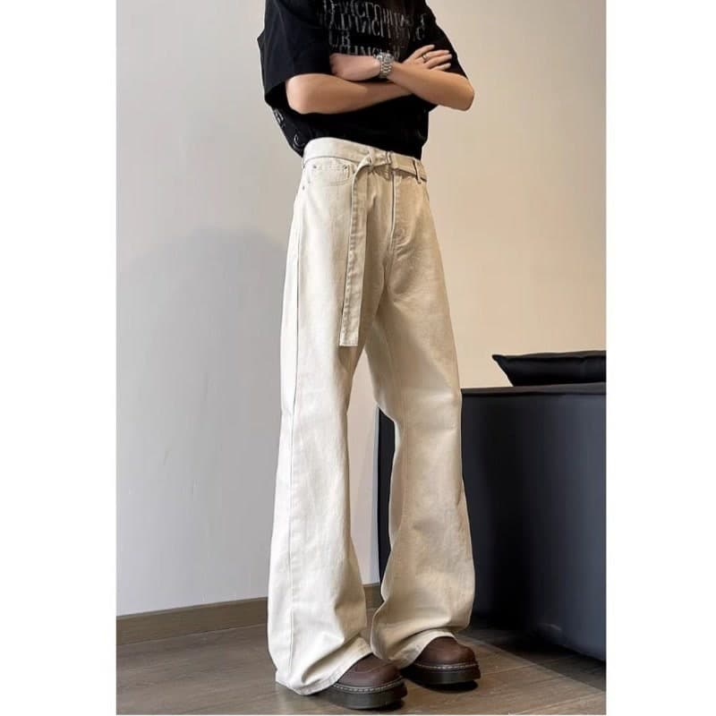 ベージュパンツ メンズ ゆったりフレアデニムパンツ