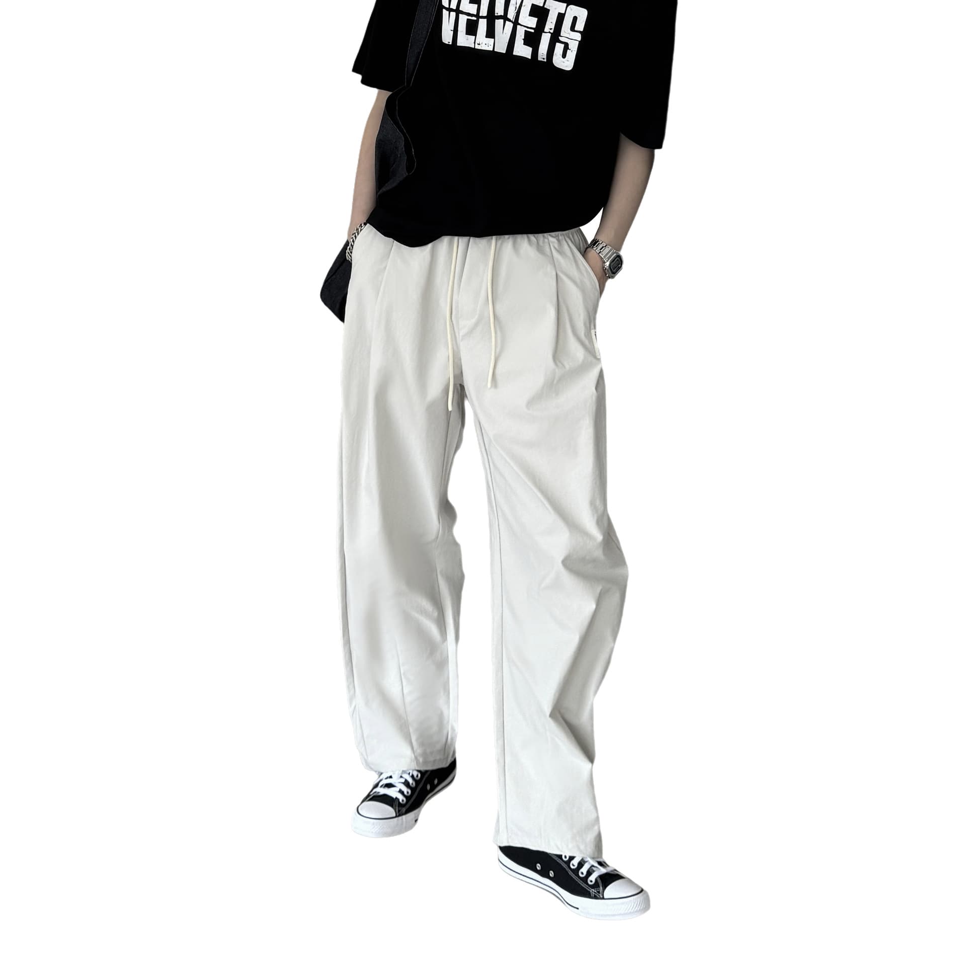 ベージュパンツ ベージュパンツ ゆったりドローコード ワイドスラックス