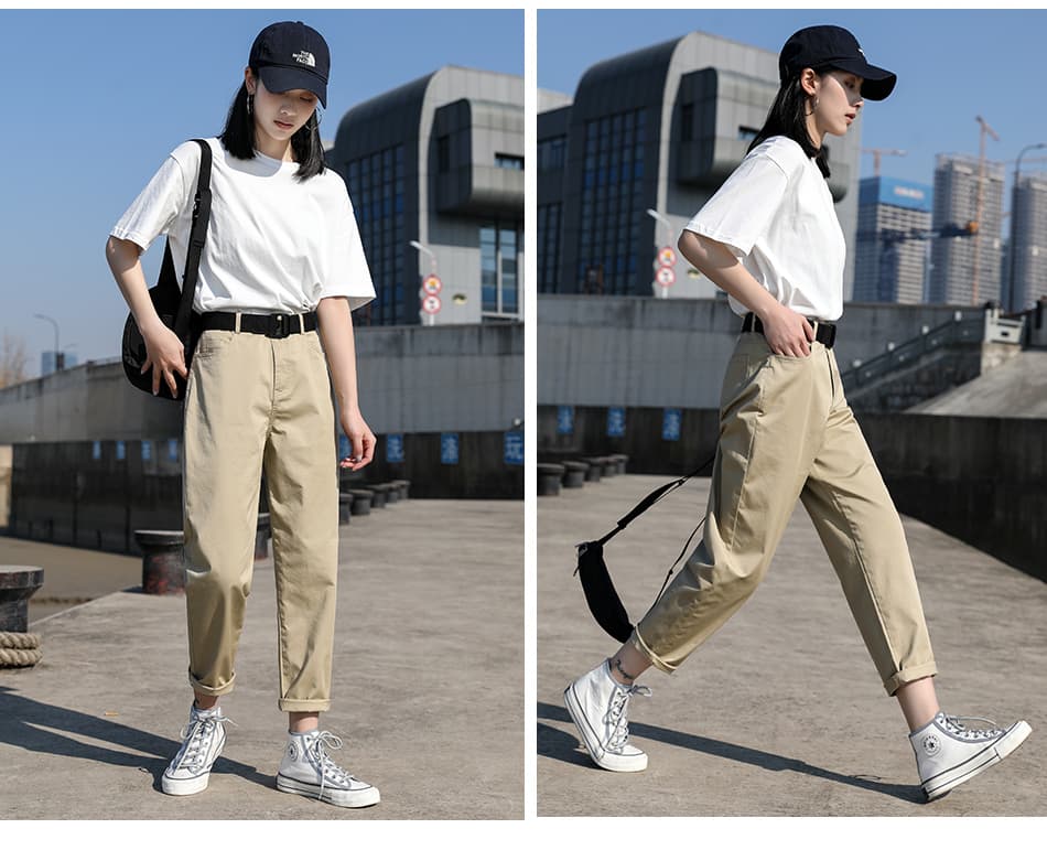 ベージュパンツ ゆったりストレートチノパンツ