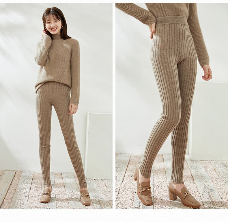 ベージュパンツ レディース リブニット レギンス パンツ