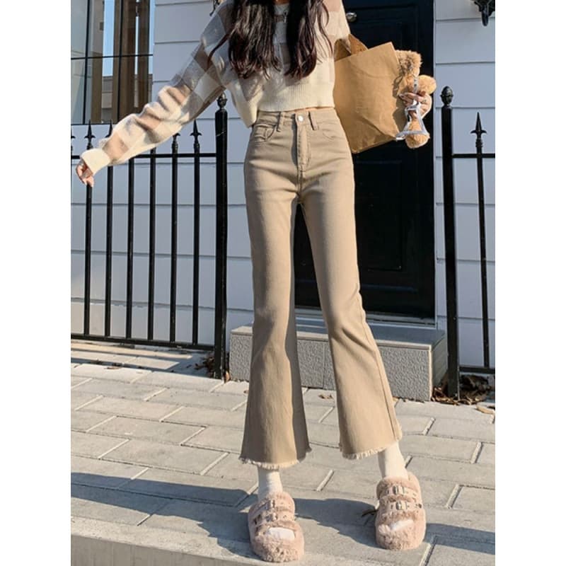 ベージュパンツ フレアデニムパンツ ブーツカット