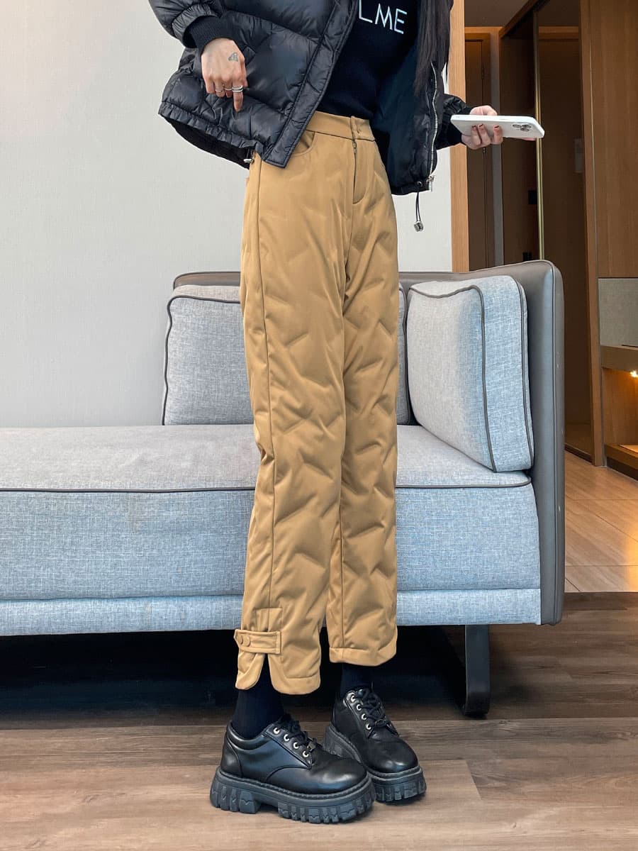 ベージュパンツ レディース キルティング中綿入り暖かパンツ