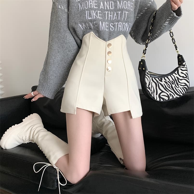ベージュパンツ レディース ハイウエスト飾りボタン付きショートパンツ