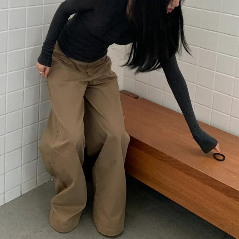 ベージュパンツ ハイウエストワイドパンツ