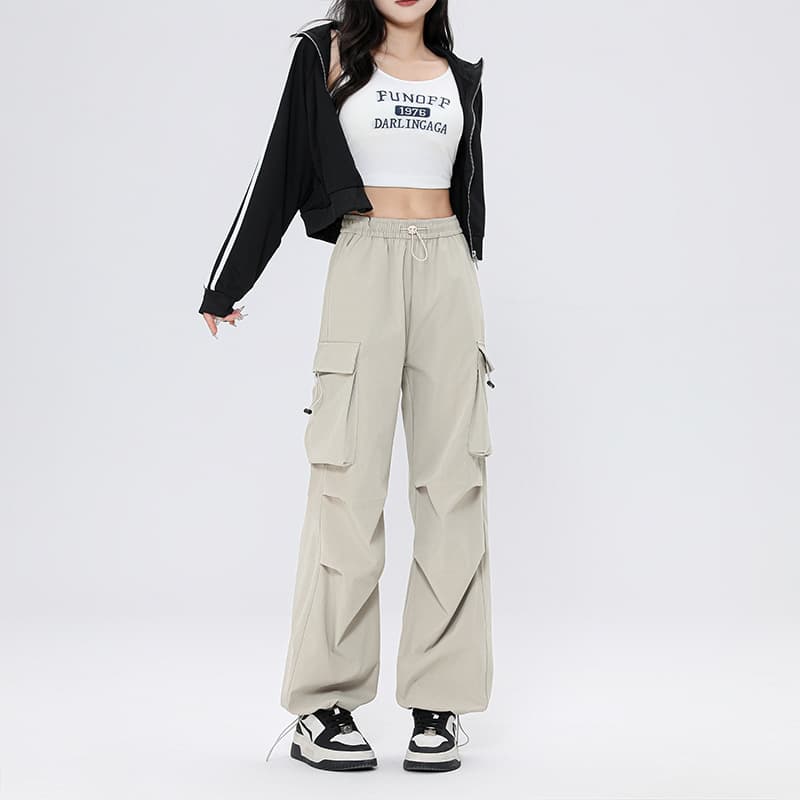 ベージュパンツ ベージュパンツ フラップデザイン多機能ワイドパンツ