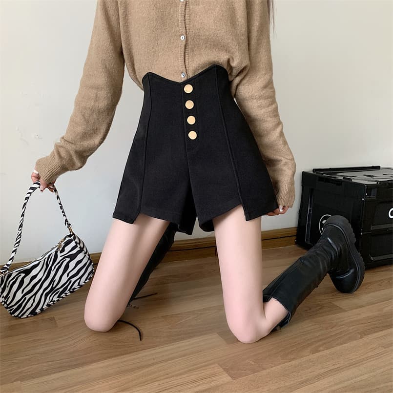 ベージュパンツ レディース ハイウエスト飾りボタン付きショートパンツ