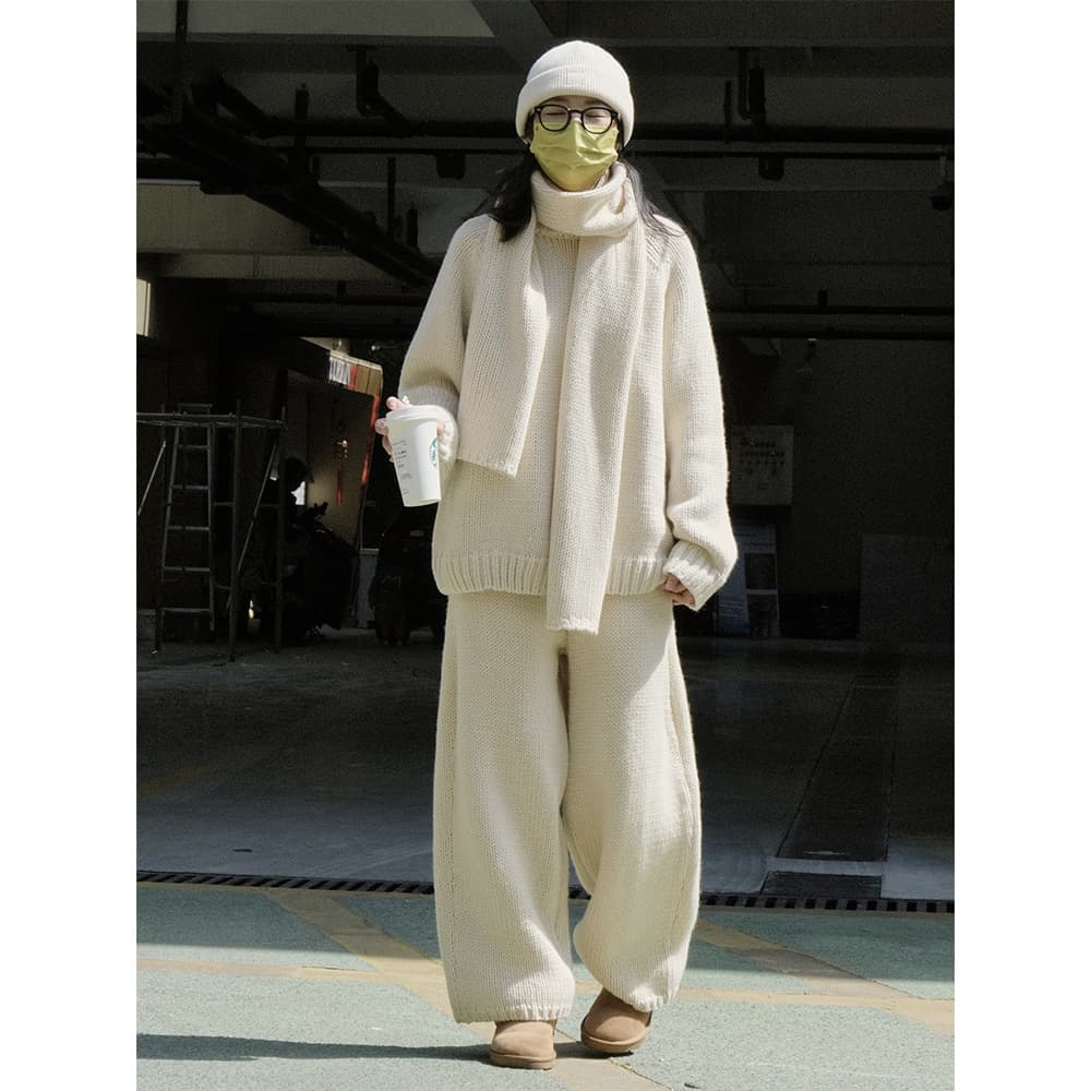 ベージュパンツ レディース ふんわりニット編み ゆったりパンツ