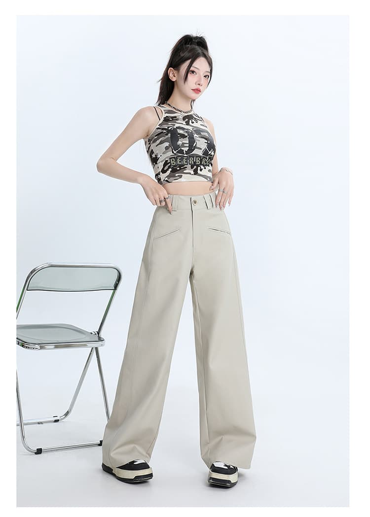 ベージュパンツ レディース ワイドシルエットハイウエストパンツ