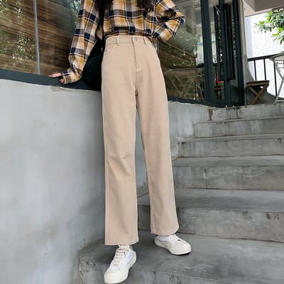 ベージュパンツ 韓国風コーデュロイワイドパンツ秋冬ゆったりベージュ