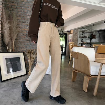 ベージュパンツ 韓国風コーデュロイワイドパンツ秋冬ゆったりベージュ