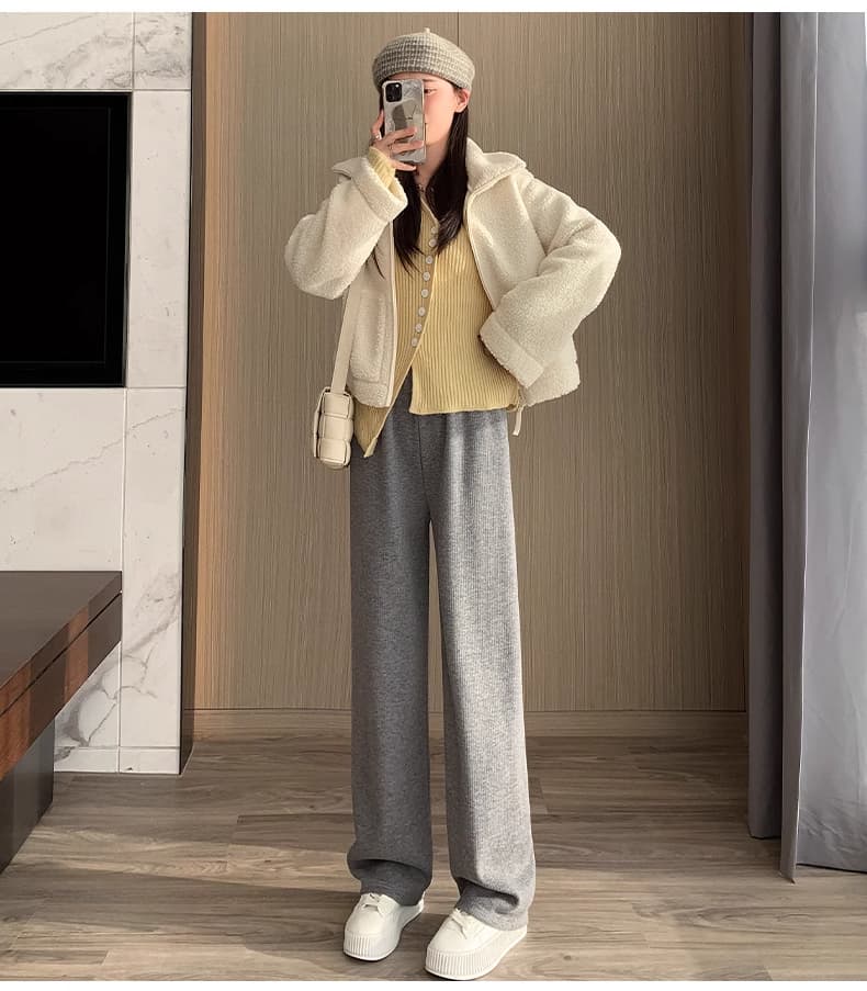 ベージュパンツ レディース ウエスト楽ちんリブニットワイドパンツ