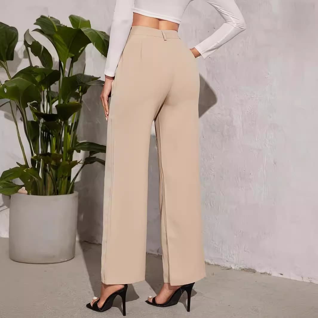 ベージュパンツ すっきりシルエット ワイドスラックス