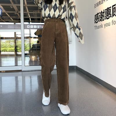 ベージュパンツ 韓国風コーデュロイワイドパンツ秋冬ゆったりベージュ