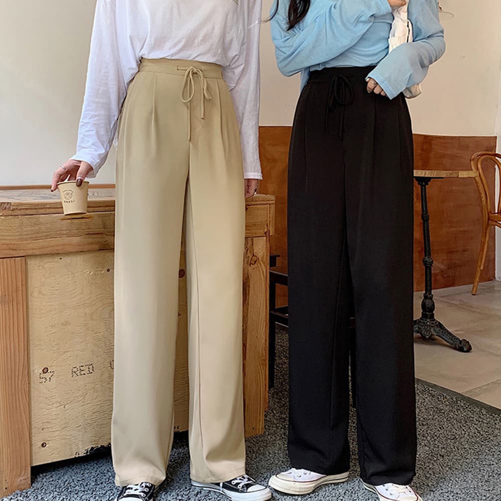 ベージュパンツ 美脚ハイウエストストレートパンツ ベージュ紐調節セミワイド