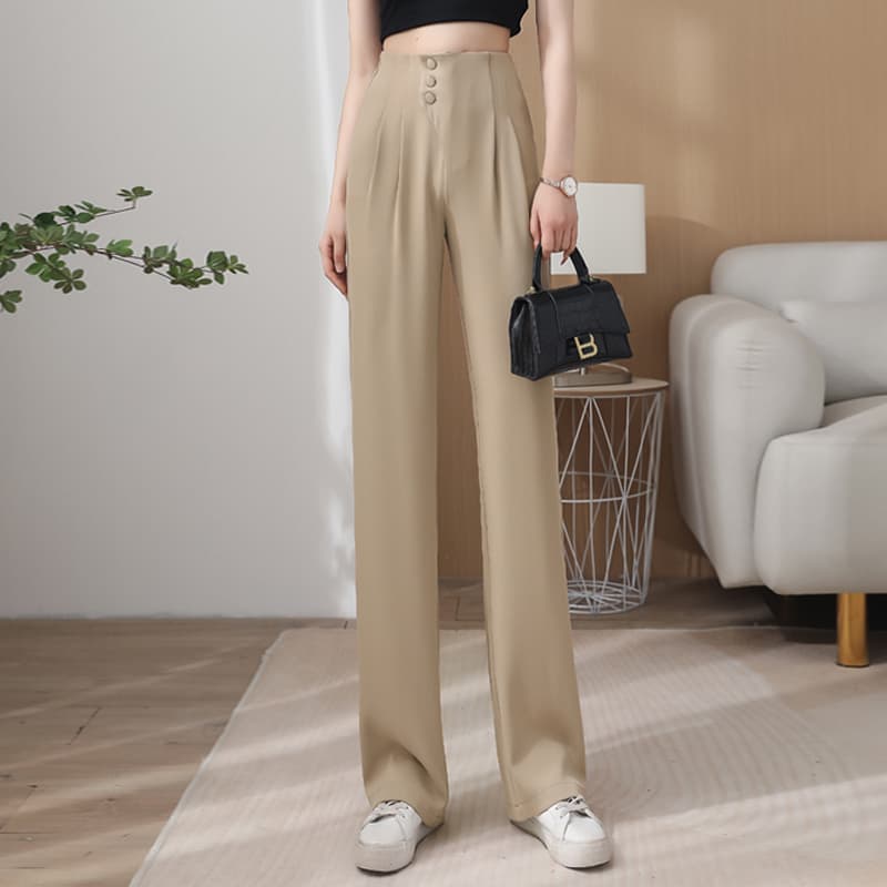 ベージュパンツ ハイウエストプリーツワイドパンツ