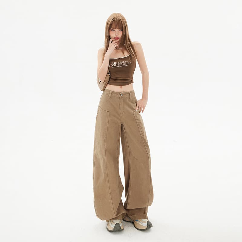 ベージュパンツ レディース ゆったりワイドシルエットパンツ