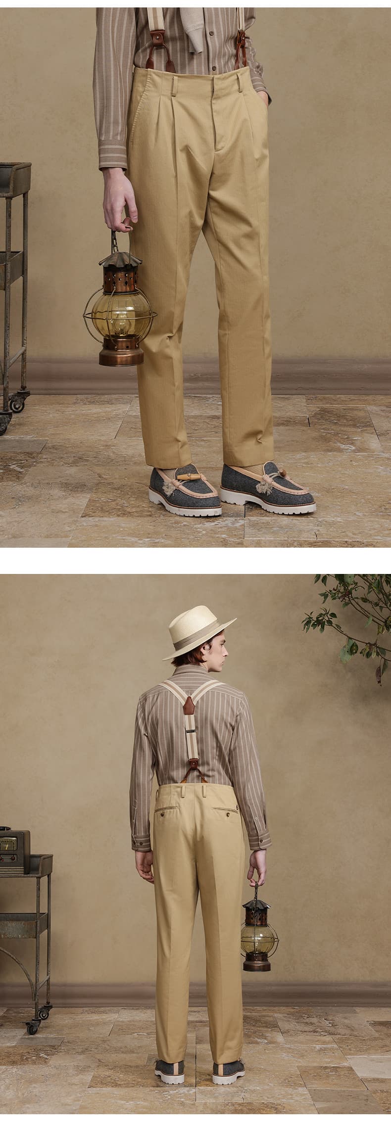 ベージュパンツ タック入り クラシカルテーパードパンツ
