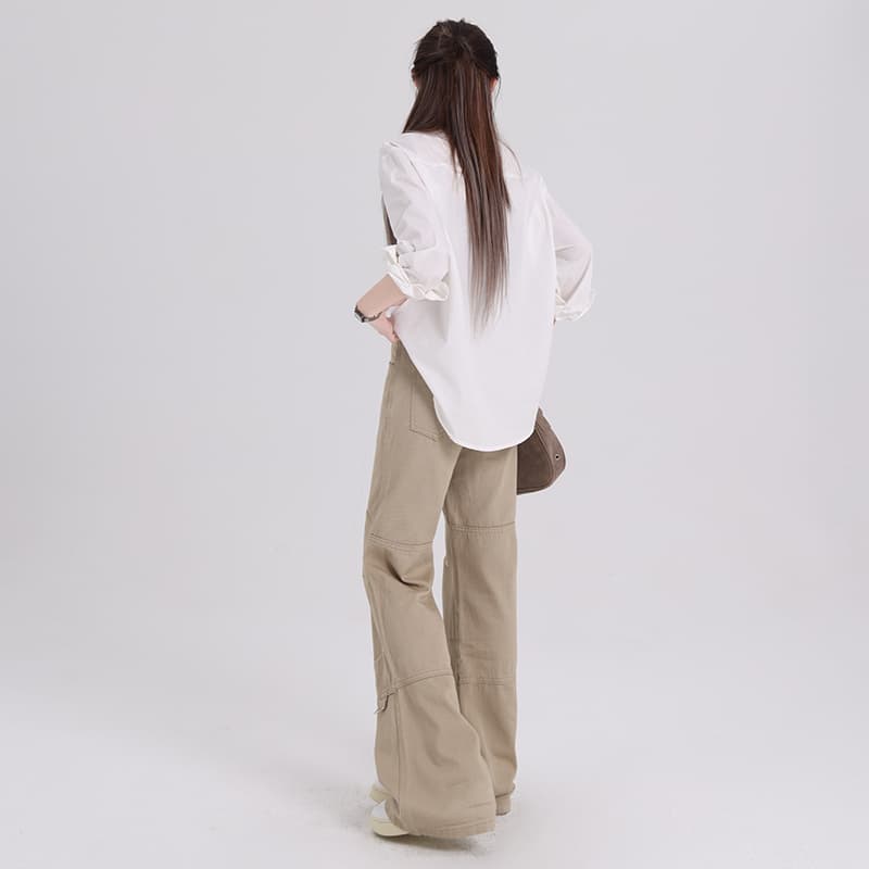 ベージュパンツ ゆったりワイドレッグ多機能ポケット付きワークパンツ
