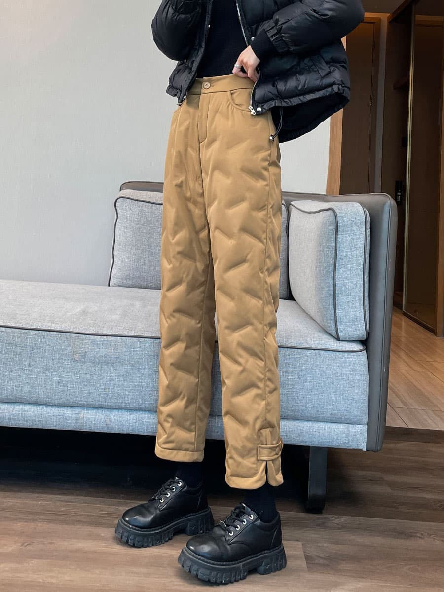 ベージュパンツ レディース キルティング中綿入り暖かパンツ
