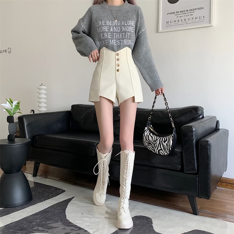 ベージュパンツ レディース ハイウエスト飾りボタン付きショートパンツ
