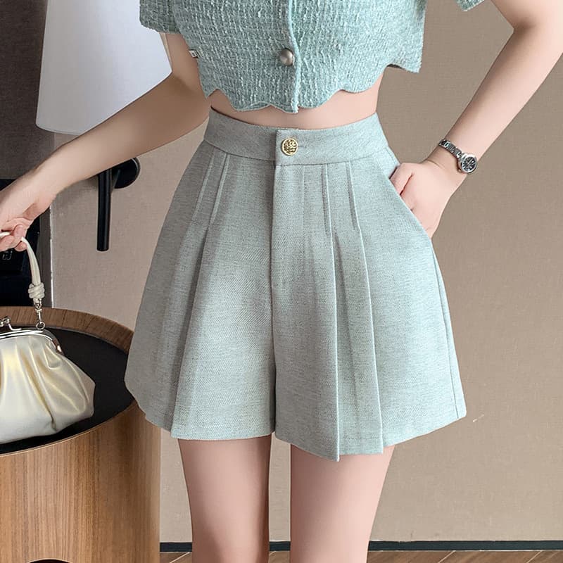ベージュパンツ レディース プリーツミニショートパンツ