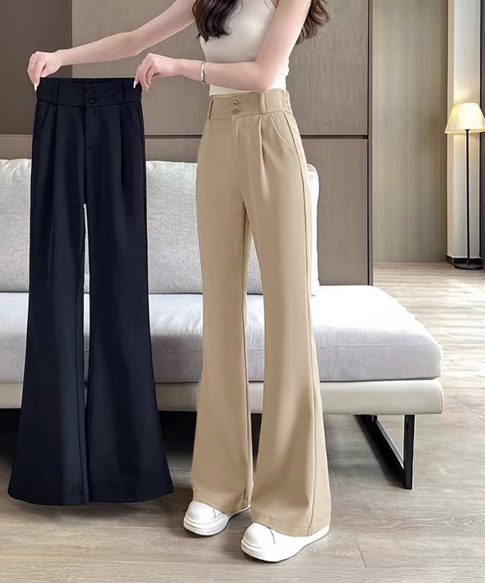 ベージュパンツ ベージュセミフレアワイドパンツ ハイウエストスラックス
