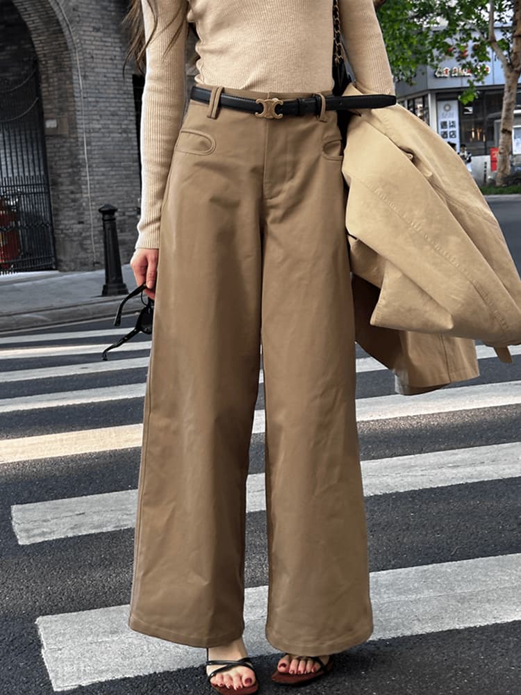 ベージュパンツ ゆったりハイウエストワイドパンツ