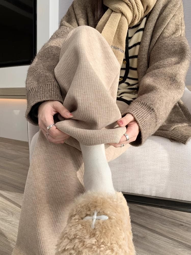 ベージュパンツ レディース ウエスト楽ちんリブニットワイドパンツ