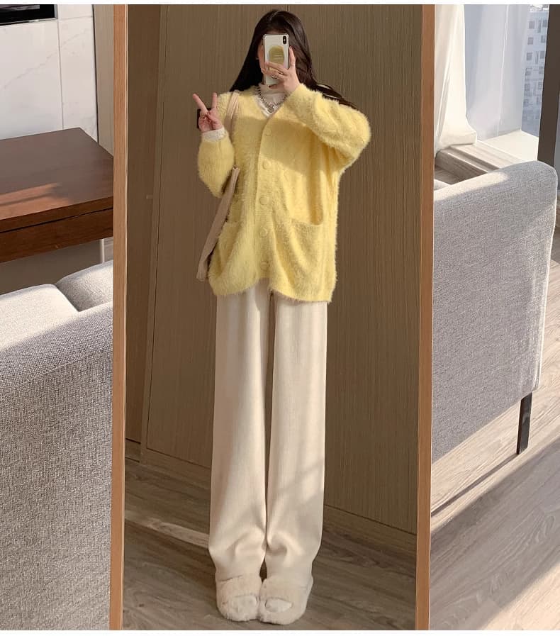 ベージュパンツ レディース ウエスト楽ちんリブニットワイドパンツ