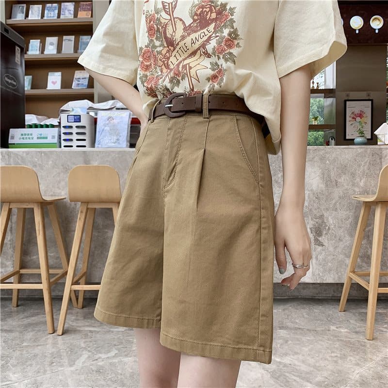 ベージュパンツ ハイウエストゆったりショートパンツ