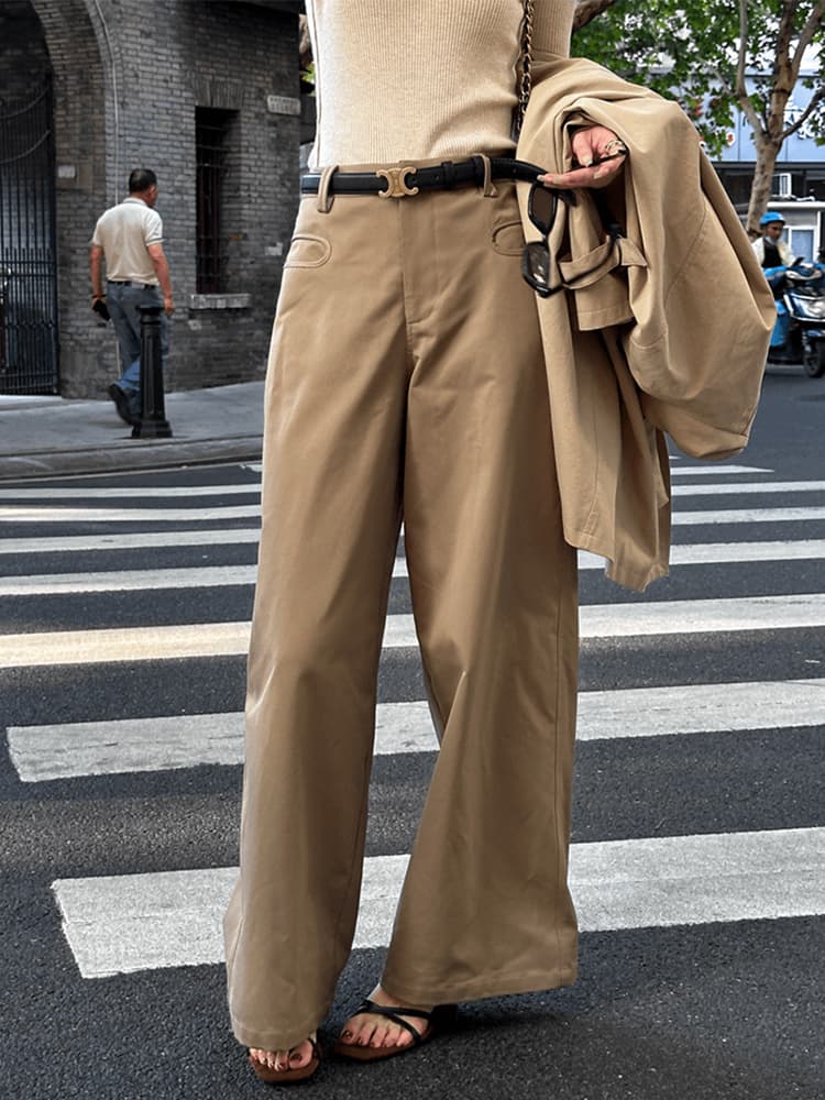 ベージュパンツ ゆったりハイウエストワイドパンツ